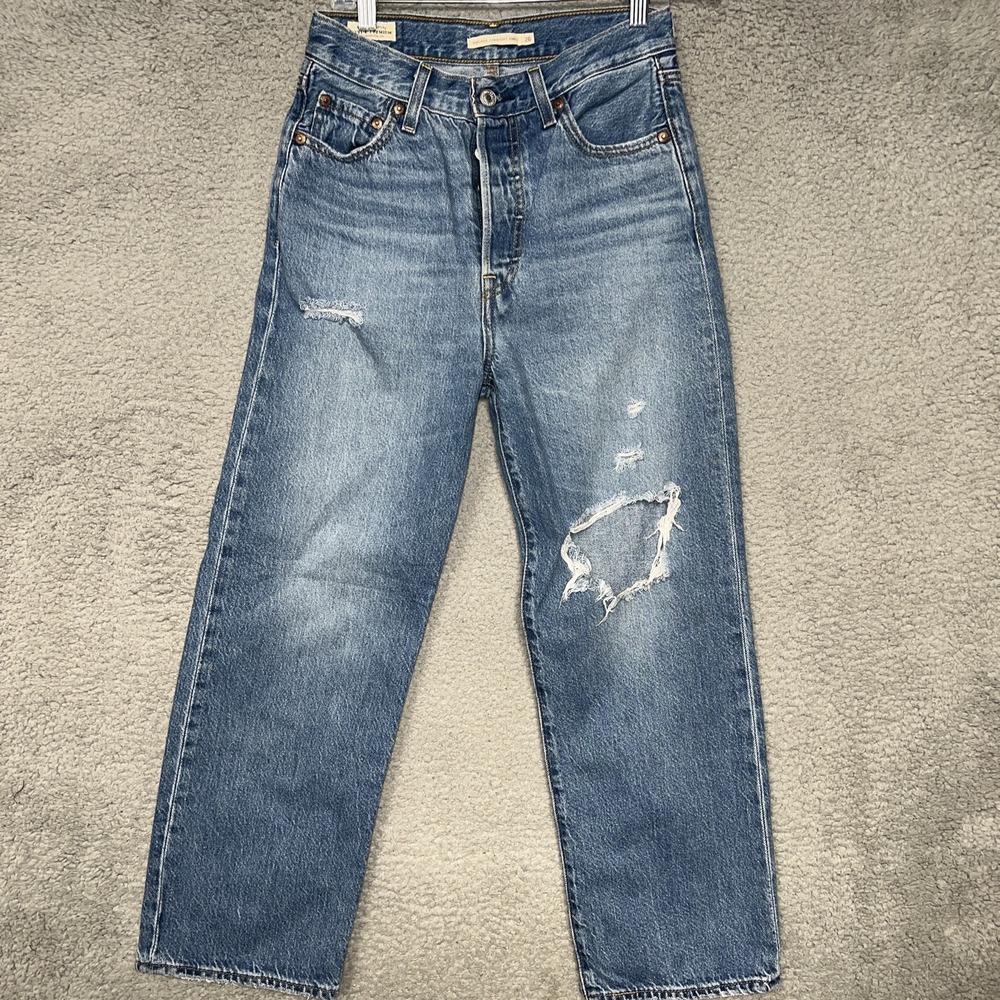 Levi's Premium Jeans Women 26x25 Blue Denim Ribcage Straight Distress Button Fly